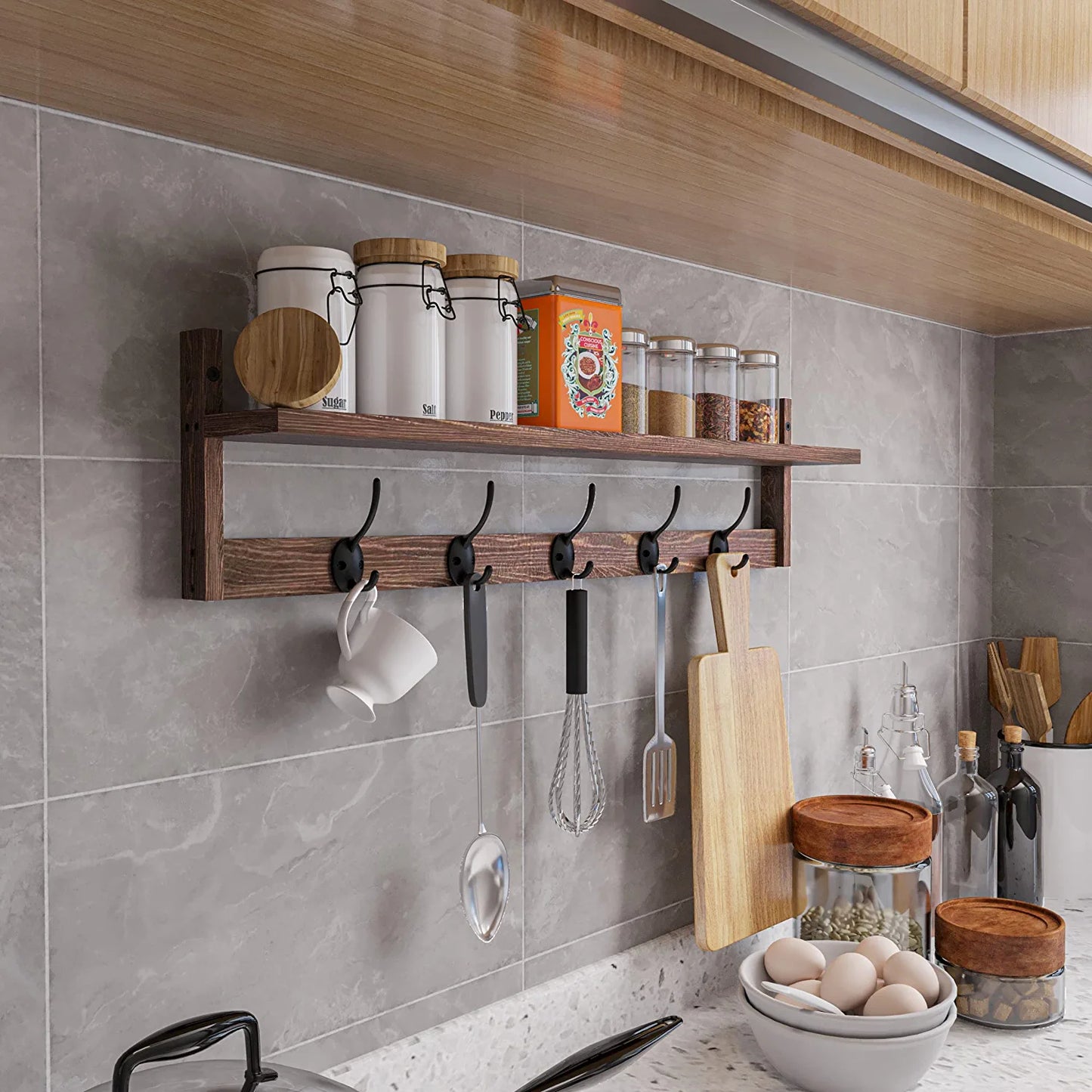 Wall Hooks with Shelf 28.9 Inch Length Entryway Wall Hanging Shelf Wood Coat Hooks for Wall with Shelf Wall-Mounted Coat Hook Rack with 5 Dual Hooks for Bathroom, Living Room, Bedroom (Brown )