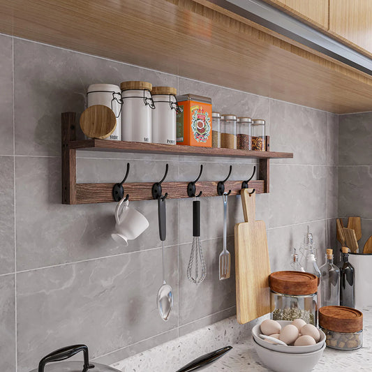 Wall Hooks with Shelf 28.9 Inch Length Entryway Wall Hanging Shelf Wood Coat Hooks for Wall with Shelf Wall-Mounted Coat Hook Rack with 5 Dual Hooks for Bathroom, Living Room, Bedroom (Brown )