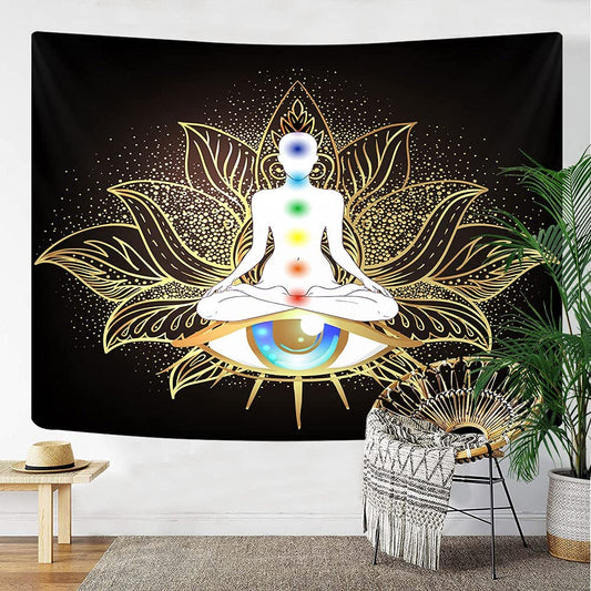 Seven Chakra Yoga Tapestry Wall Hanging,Mandala Eyes Meditation Zen Small Tapestry for Meditation Studio Room, Black Golden Lotus Spiritual Tapestries for Living Room Bedroom Dorm Home 80X60Inch