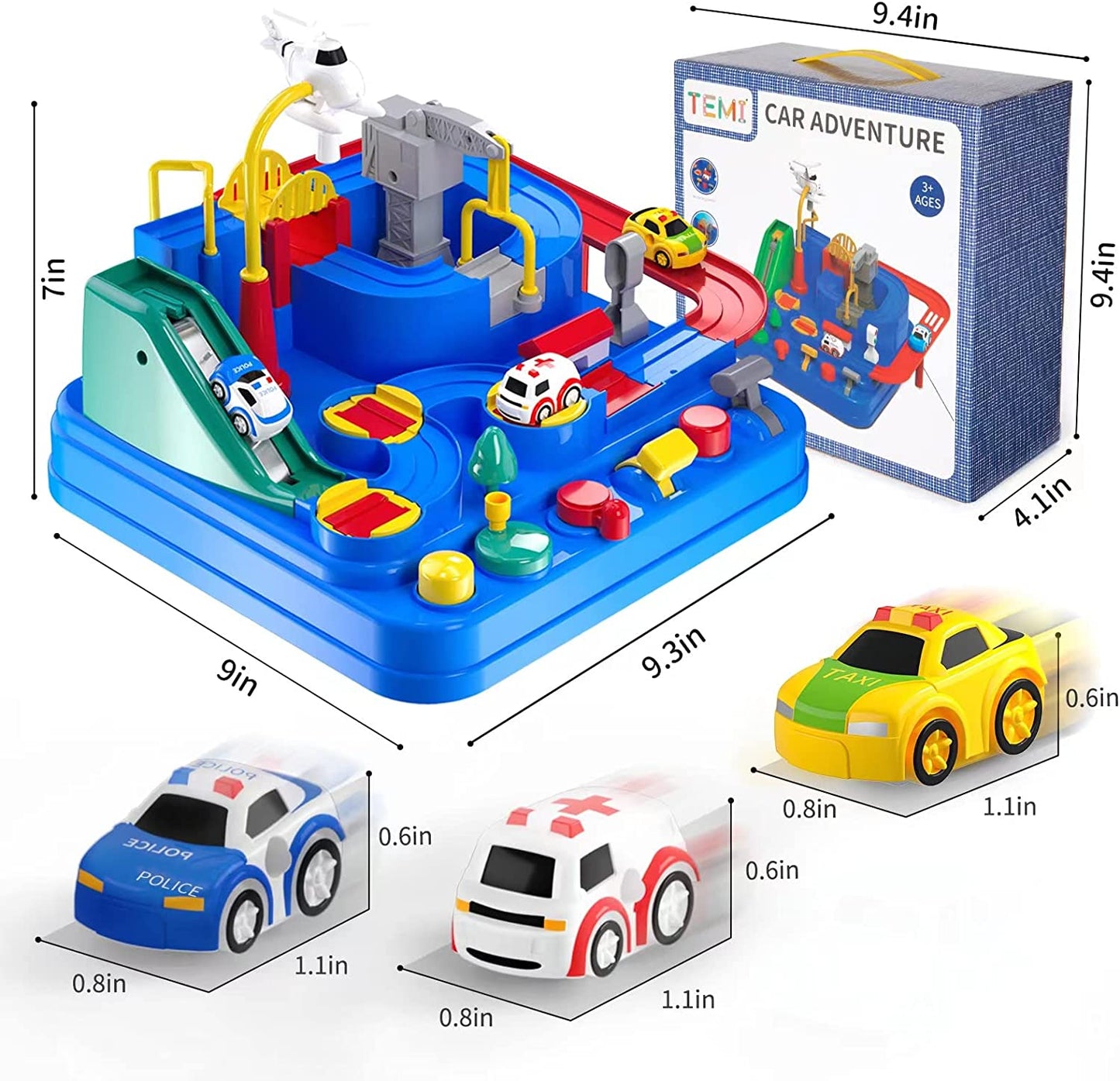 TEMI Kids Race Track Toys for Boy Car Adventure Toy for 3 4 5 6 7 Years Old Boys Girls, Puzzle Rail Car, City Rescue Playsets Magnet Toys W/ 3 Mini Cars, Preschool Educational Car Games Gift Toys