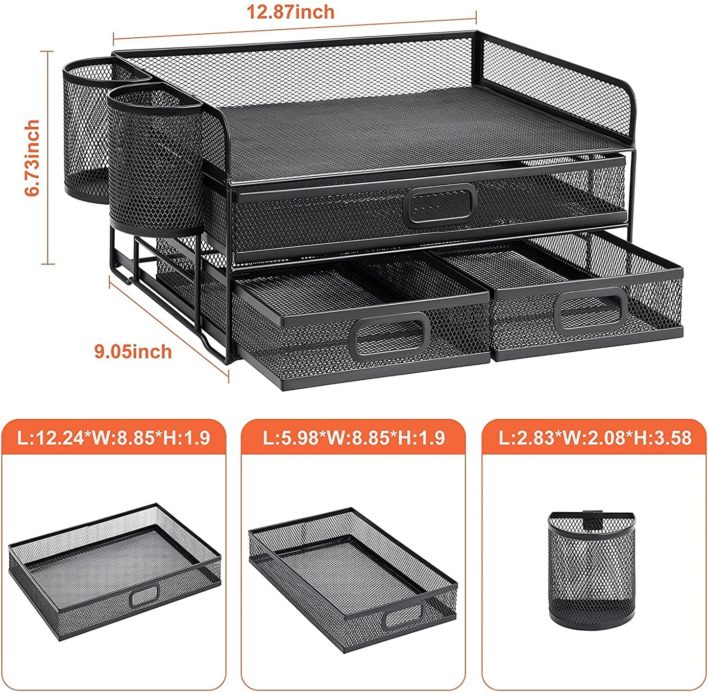 3 Tier Mesh Desk Organizer with Drawer, Multi-Functional Desk Organizers and Accessories, Paper Letter Organizer with 2 Pen Holder for Home Office Supplies - Black