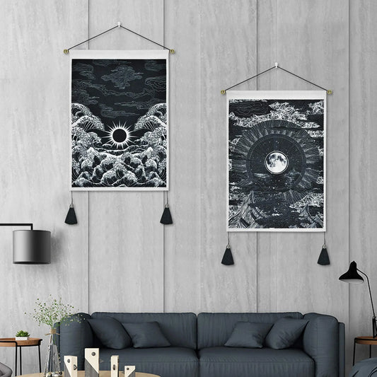 2 Pack Moon and Star Tapestry Great Ocean Wave Tapestry Sunset Tapestry Mountain Tapestry Black and White Art Tapestry Wall Hanging for Room(13.8 X 19.7 Inches)