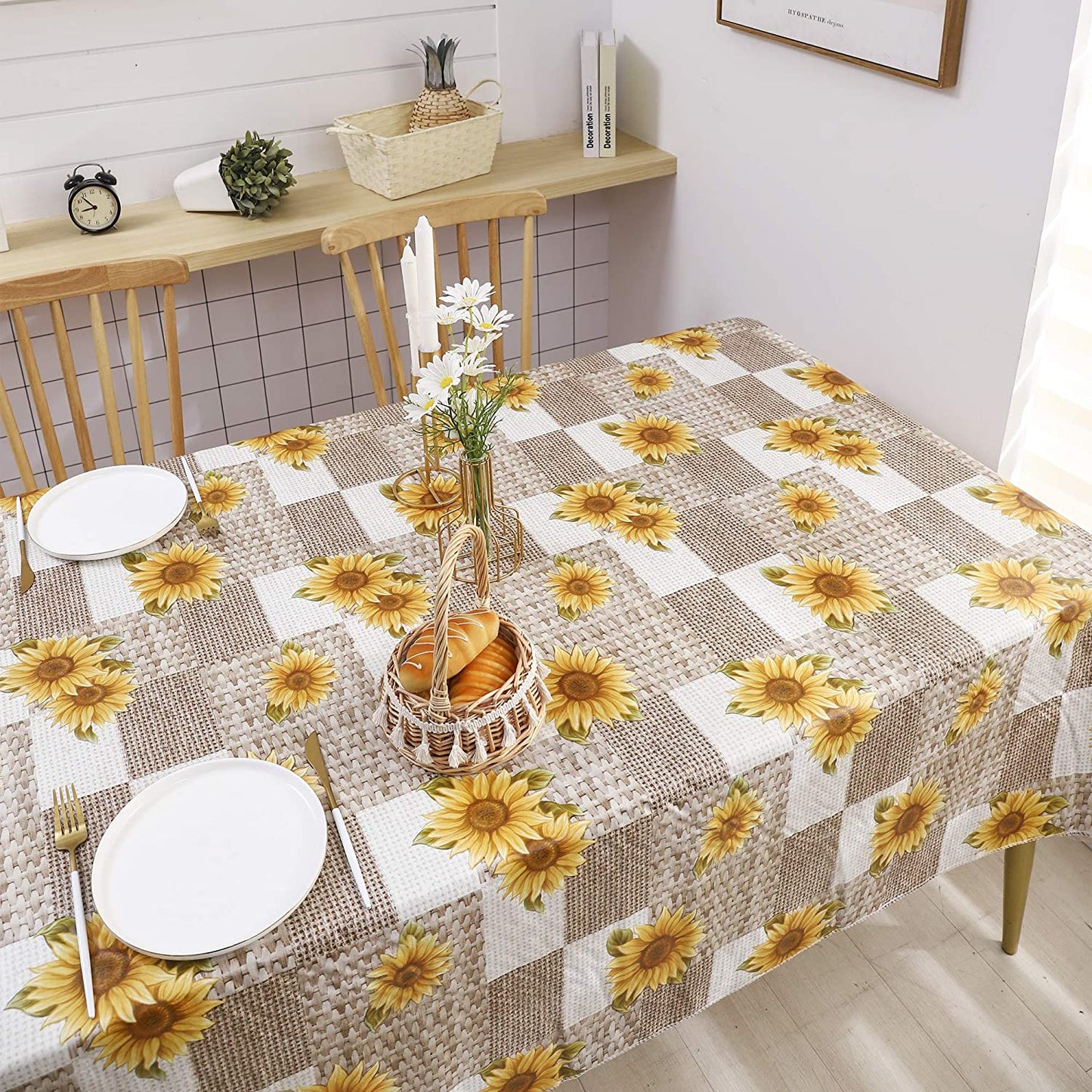 Vinyl Tablecloth Flannel Backed Stain-Resistant PVC Table Cloth Waterproof Oil-Proof Wipeable Indoor/Outdoor Picnic, BBQ and Dining Table Cover(60 X 84 Inch, Sunflower)