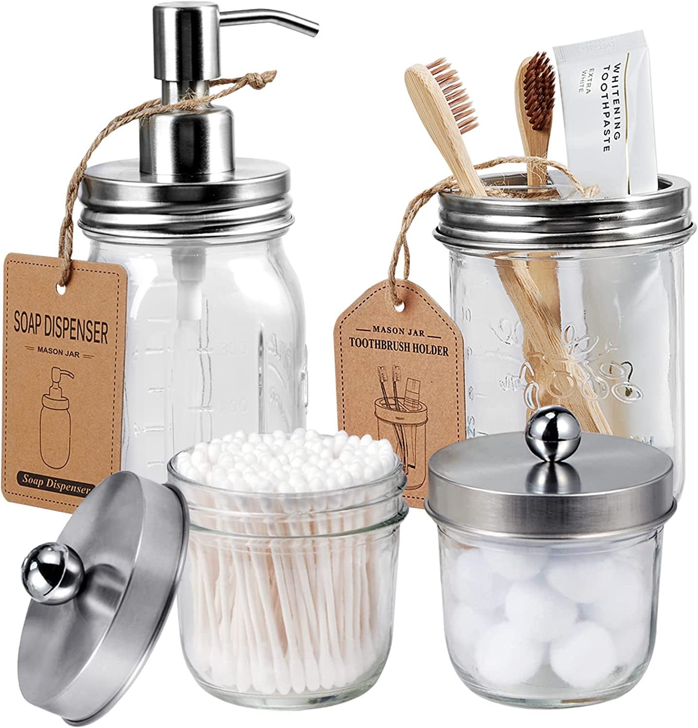Amolliar Mason Jar Bathroom Accessories Set(4 Pack) - Lotion Soap Dispenser&Qtip Holder Set&Toothbrush Holder-Rustic Farmhouse Decor Apothecary Jar Bathroom Countertop,Vanity Organize (Brushed Nickel)