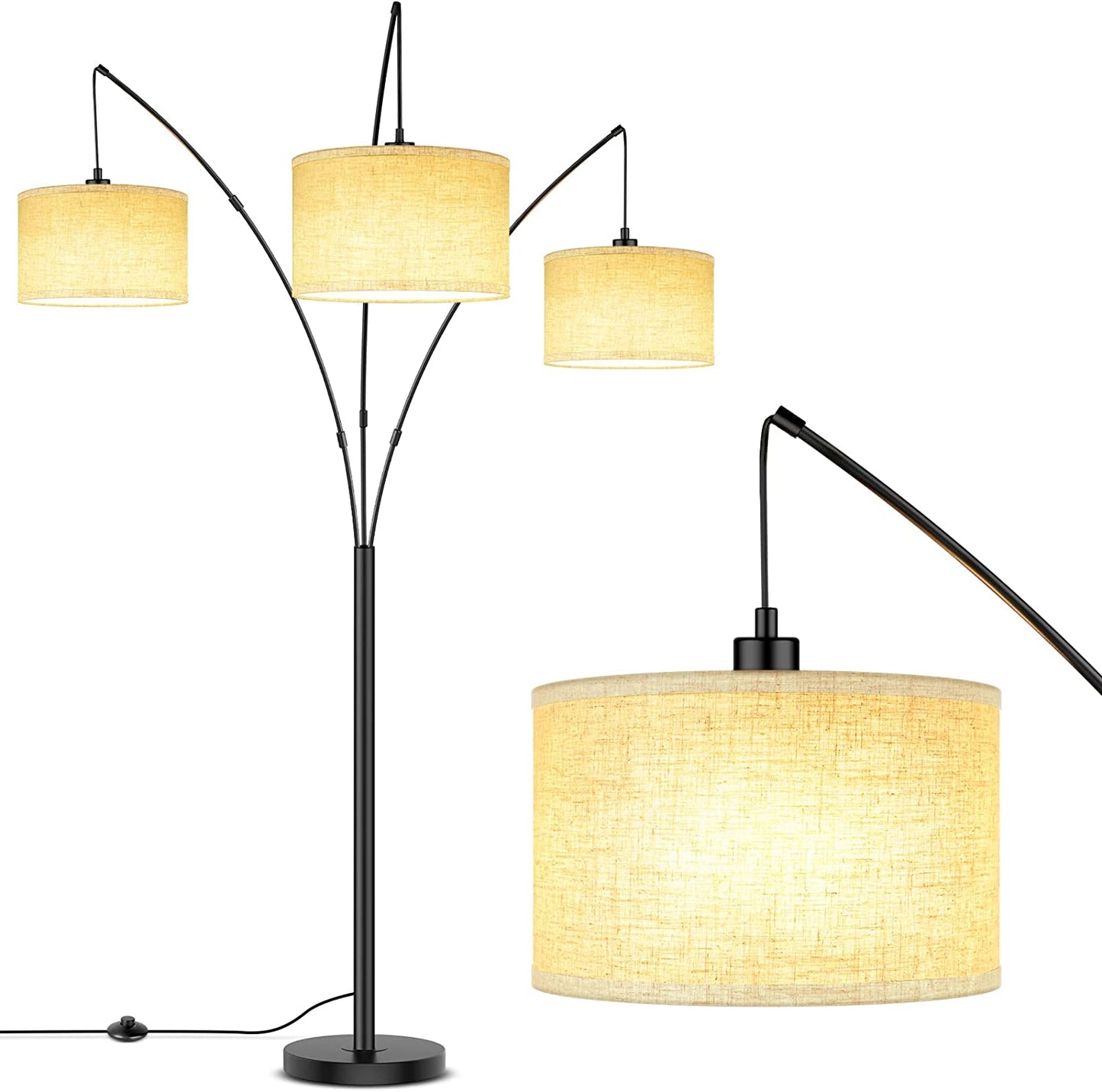 Arc Floor Lamps, 3-Light Arched Standing Lamp Hanging over the Couch, Trinity Arc Lamp with Foot Switch, Heavy Base, Modern Tall Pole Lamps for Living Room Bedroom Office Bright Lighting