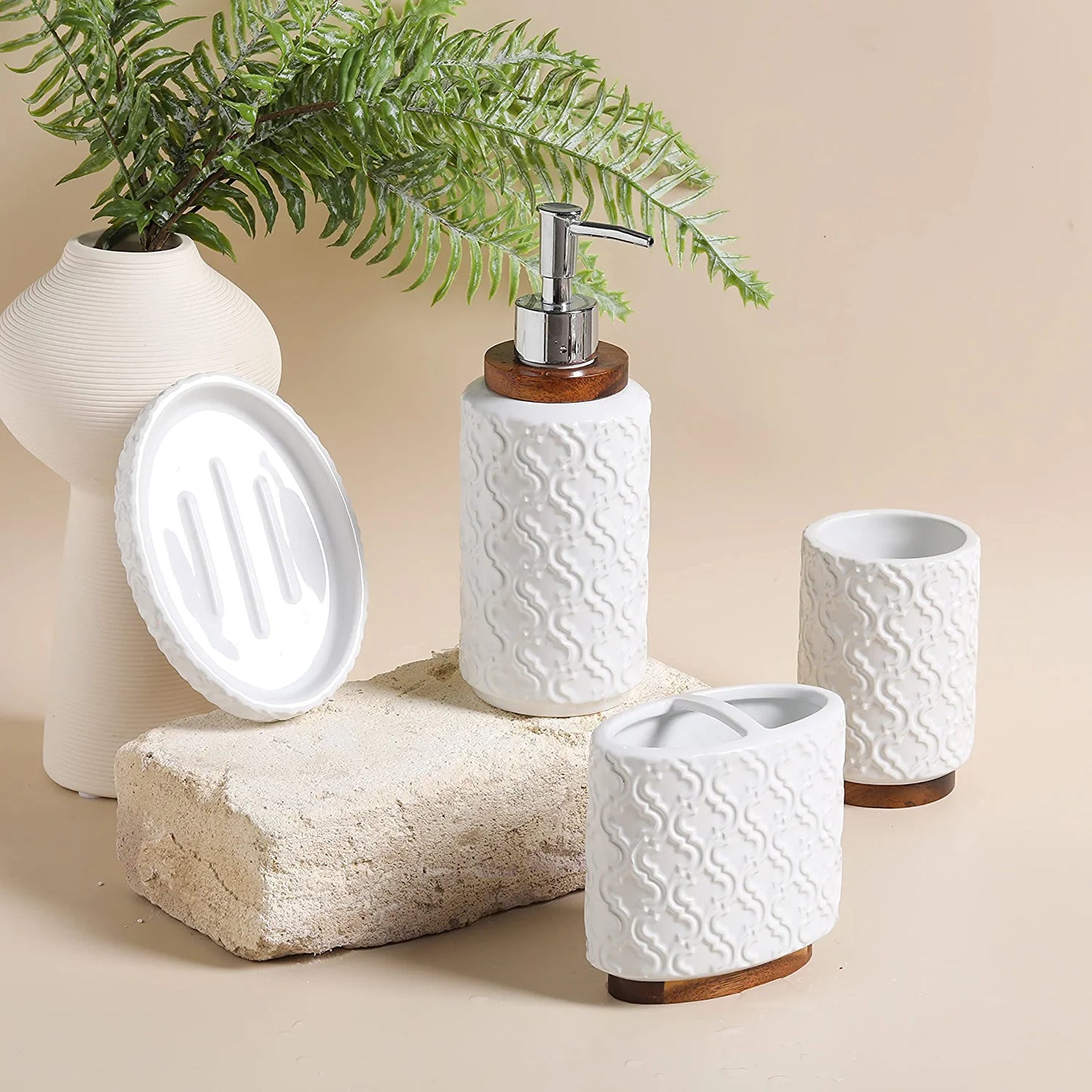 Bathroom Accessories Set 4 Pcs Toothbrush Holder Soap Dispenser Set Ceramic and Wood Bathroom Set Contain Toothbrush Cup Soap Dispenser Soap Dish Tumbler