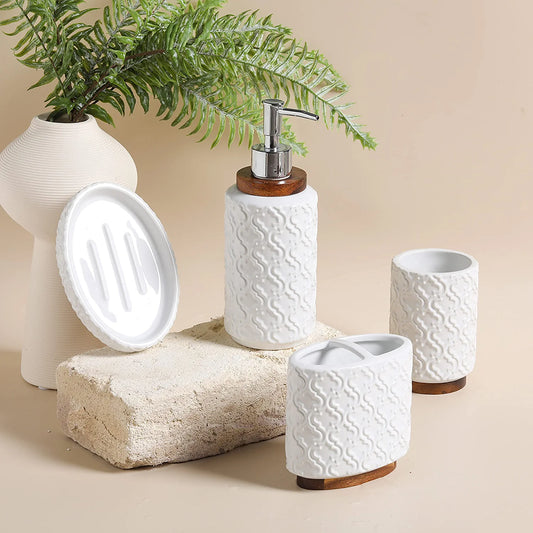 Bathroom Accessories Set 4 Pcs Toothbrush Holder Soap Dispenser Set Ceramic and Wood Bathroom Set Contain Toothbrush Cup Soap Dispenser Soap Dish Tumbler