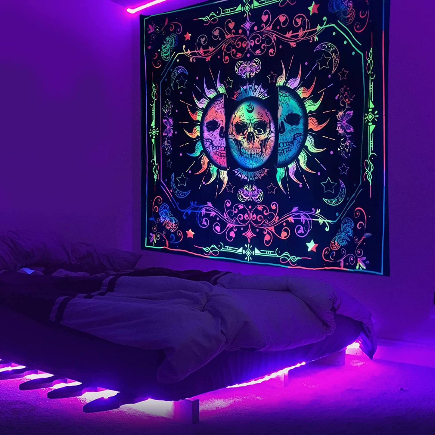 Tapestry Blacklight Tapestry Sun and Moon Tapestry UV Reactive Skull Tapestries Tirppy Wall Hanging Psychedelic Black Light Skeleton Tapestry for Bedroom Aesthetics Party Decor Poster 60X51 Inch