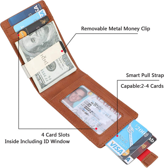 Slim Minimalist Front Pocket Wallet with Money Clip for Men, Genuine Leather RFID Blocking