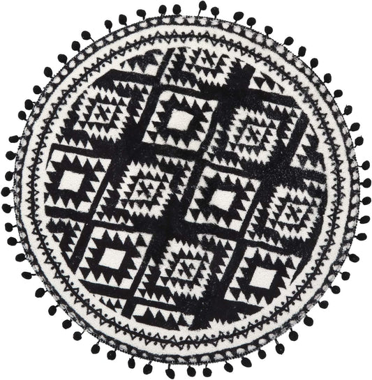 round Area Rugs 2Ft with Pom Pom Ball Fringe Black and Beige Soft Velvet Small Throw Rugs Non-Slip Boho Geometric Floor Carpet for Bedroom Living Room Bathroom Home Decor