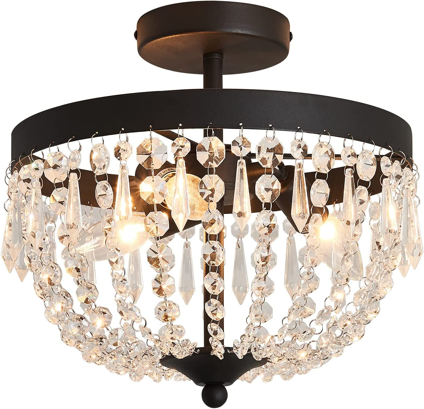 3-Light Semi Flush Mount Ceiling Light,Black Antique Modern Crystal Chandelier Fixture,Ceiling Lighting for Closet Bedroom Hallway Kitchen Dining Room Bathroom