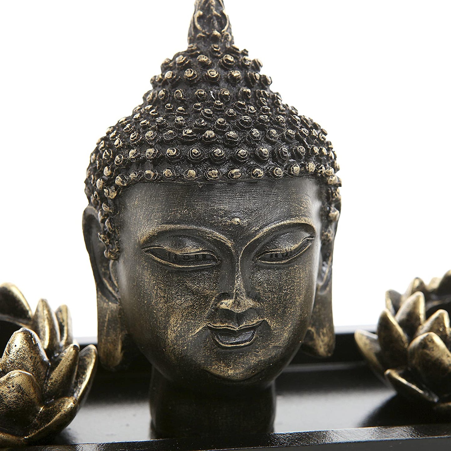® Lotus Tea Light Candle Holders with Buddha Head Sculpture and Wood Display Tray