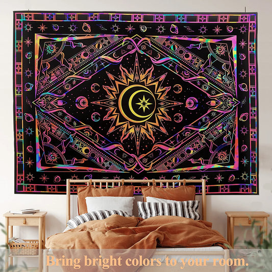 Tapestry for Bedroom Aesthetic Room Decor Wall Tapestry Blacklight Tapestry UV Reactive Black Light Posters Colorful Backdrop Glow in the Dark Hippie Boho Tapestries for Bedroom Burning Sun Trippy Tapestry