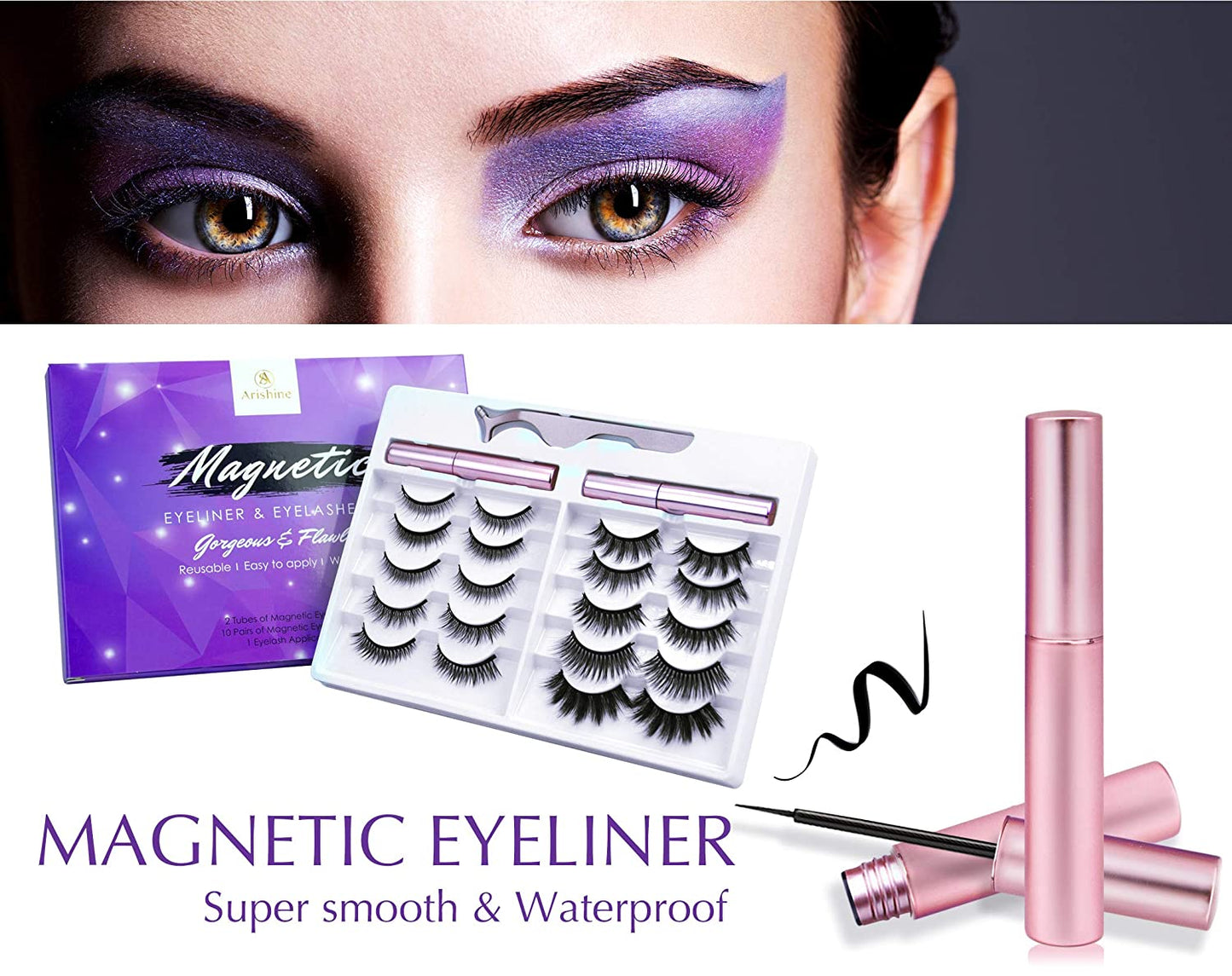 Updated 3D 6D Magnetic Eyelashes with Eyeliner Kit- 2 Tubes of Magnetic Eyeliner & 10 Pairs Magnetic Eyelashes Kit-With Natural Look & Reusable False Lashes -No Glue Need