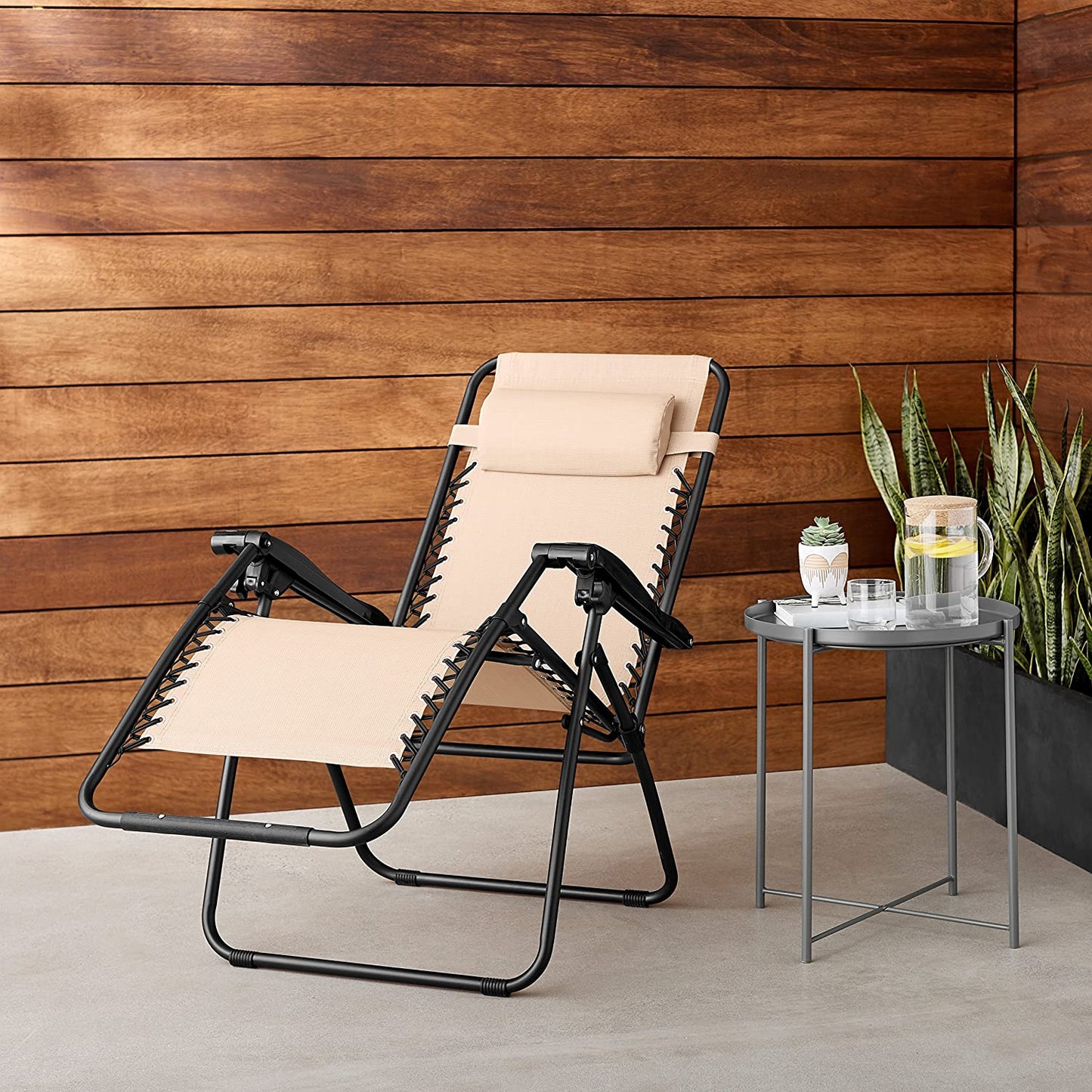 Outdoor Textilene Adjustable Zero Gravity Folding Reclining Lounge Chair with Pillow, Beige