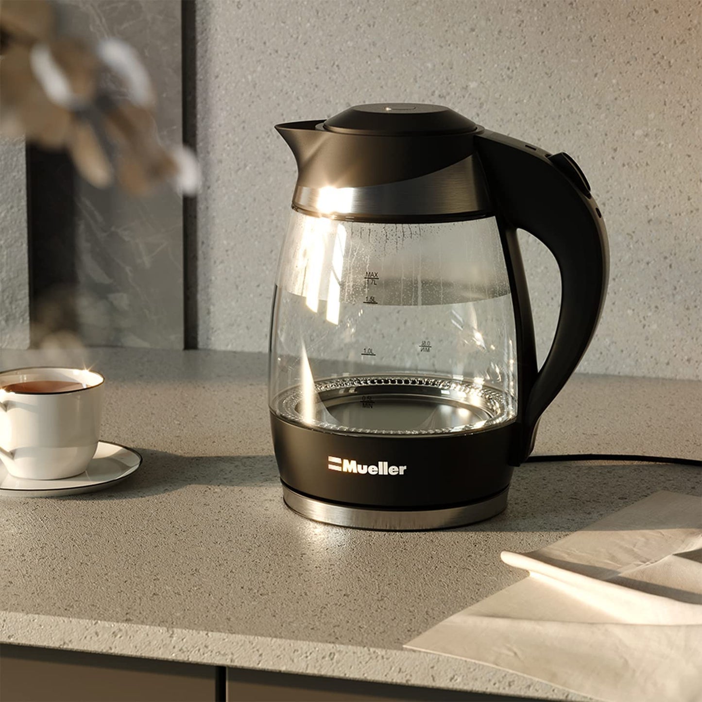 Mueller Ultra Kettle: Model No. M99S 1500W Electric Kettle with Speedboil Tech, 1.8 Liter Cordless with LED Light, Borosilicate Glass, Auto Shut-Off and Boil-Dry Protection