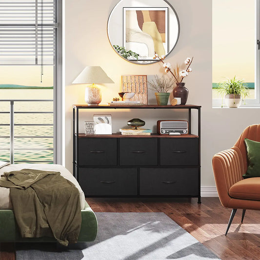 Dresser TV Stand, Entertainment Center with Fabric Drawers, Media Console Table with Open Shelves for TV up to 45 Inch, Storage Drawer Unit for Bedroom, Living Room, Black and Rustic Brown