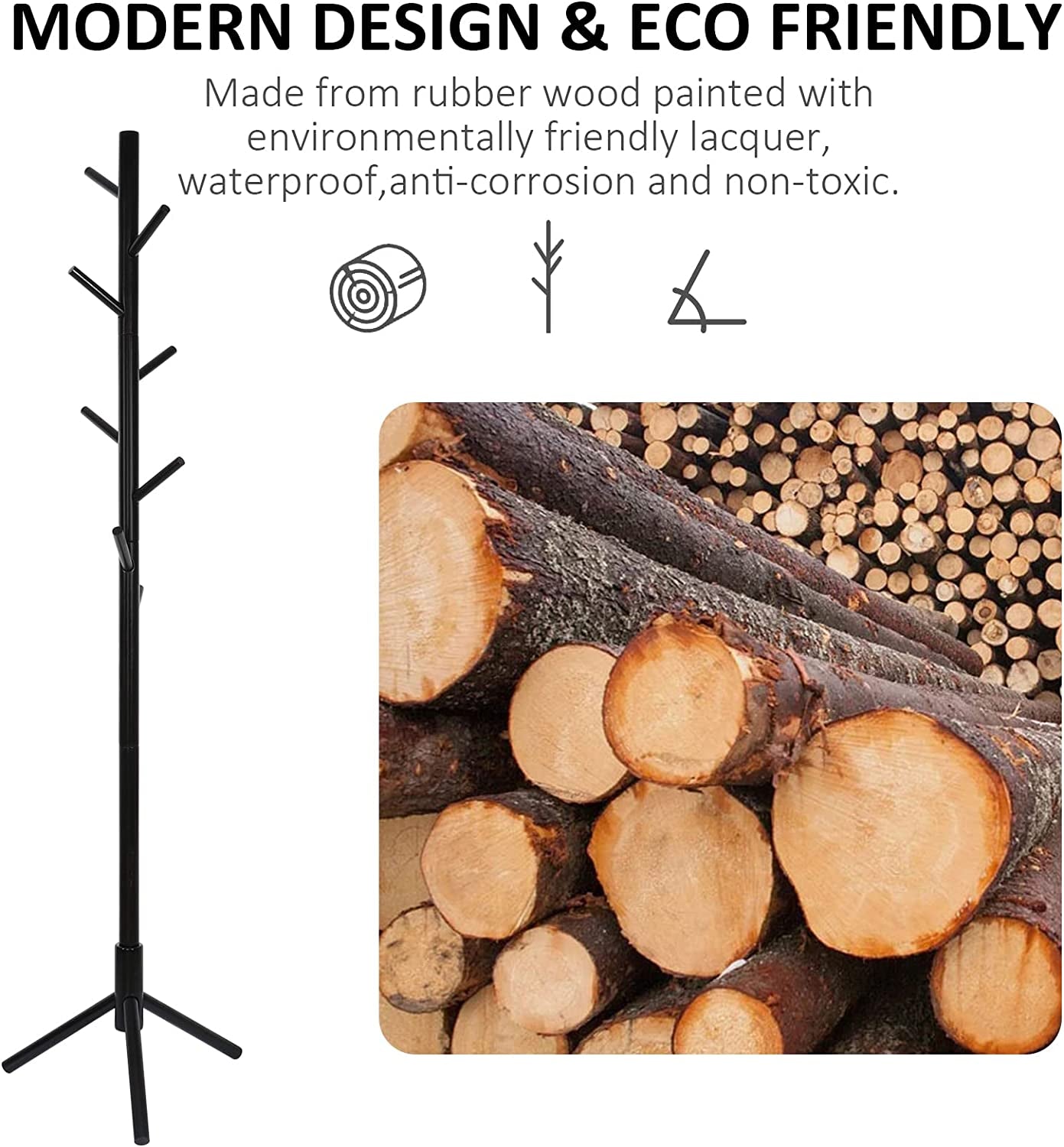 Wooden Tree Coat Rack Stand, 3 Adjustable Sizes, 8 Hooks - Super Easy Assembly NO Tools Required - Free Standing Solid Coat Hanger Stand for Clothes, Suits, Accessories (Black)