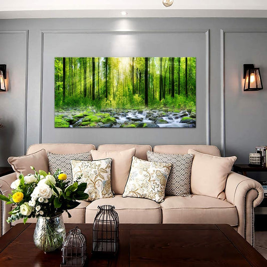 Canvas Art Decor Morning Sunrise Green Trees Landscape Sunshine over Forest Photograph Printed on Canvas for Home Wall Decoration Wall Art for Living Room Mural Print Artwork Natural Picture