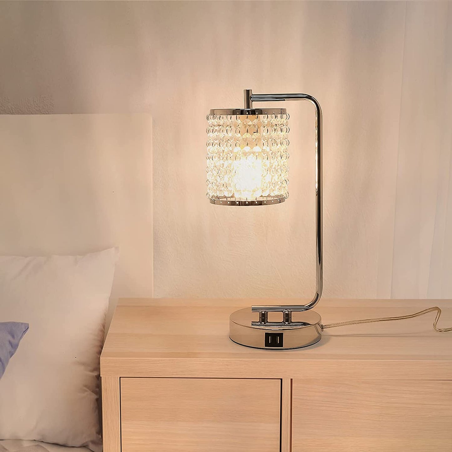 FAGUANGAO Crystal Touch Control Table Lamp,With Dual USB Charging Ports,3 Way Dimmable Set of 2 Silver Bedside Nightstand Lamp Industrial Desk Lamps E26 Base for Bedroom Living Room,Led Bulbs Included