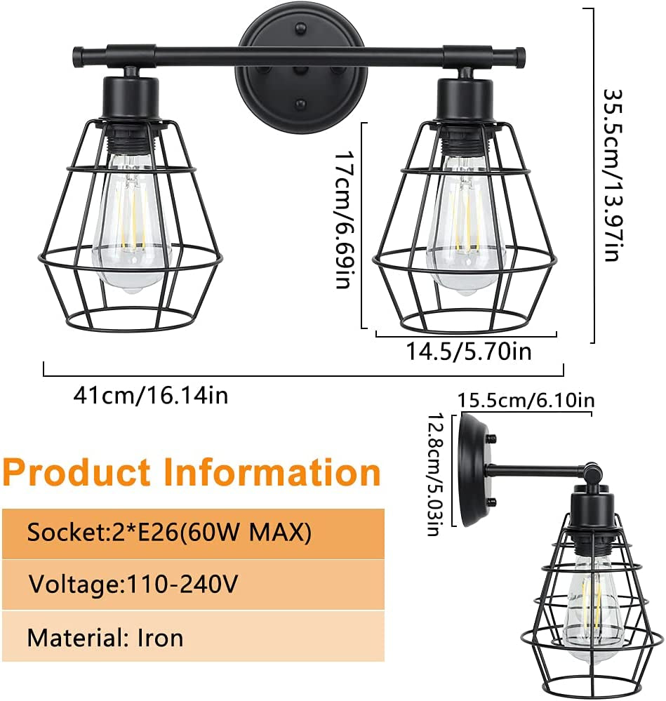 2-Light Industrial Bathroom Vanity Light, Farmhouse Metal Cage Wall Sconces, Rustic Matte Black Wall Mount Light Fixtures, Porch Wall Lamps for Living Room, Mirror Cabinets, Bedroom, E26 Base
