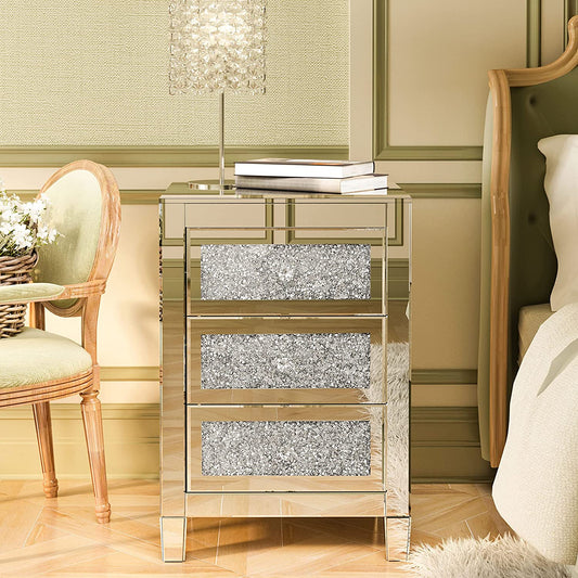 Mirrored Nightstand Crystal Mirror End Table with 3 Drawers Mirror Bedside Table Silver Nightstand for Living Room Bedroom Sofa Couch, No Need Assemble