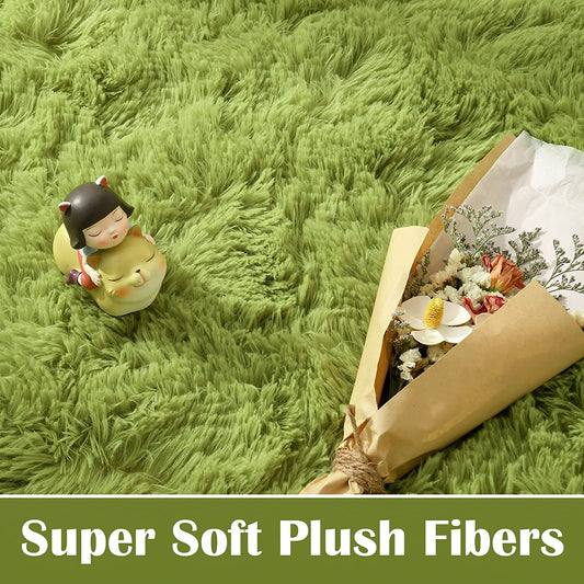 Green Area Rug for Bedroom Living Room Carpet Home Decor, Upgraded 5X8 Cute Fluffy Rug for Apartment Dorm Room Essentials for Teen Girls Kids, Shag Nursery Rugs for Baby Room Decorations