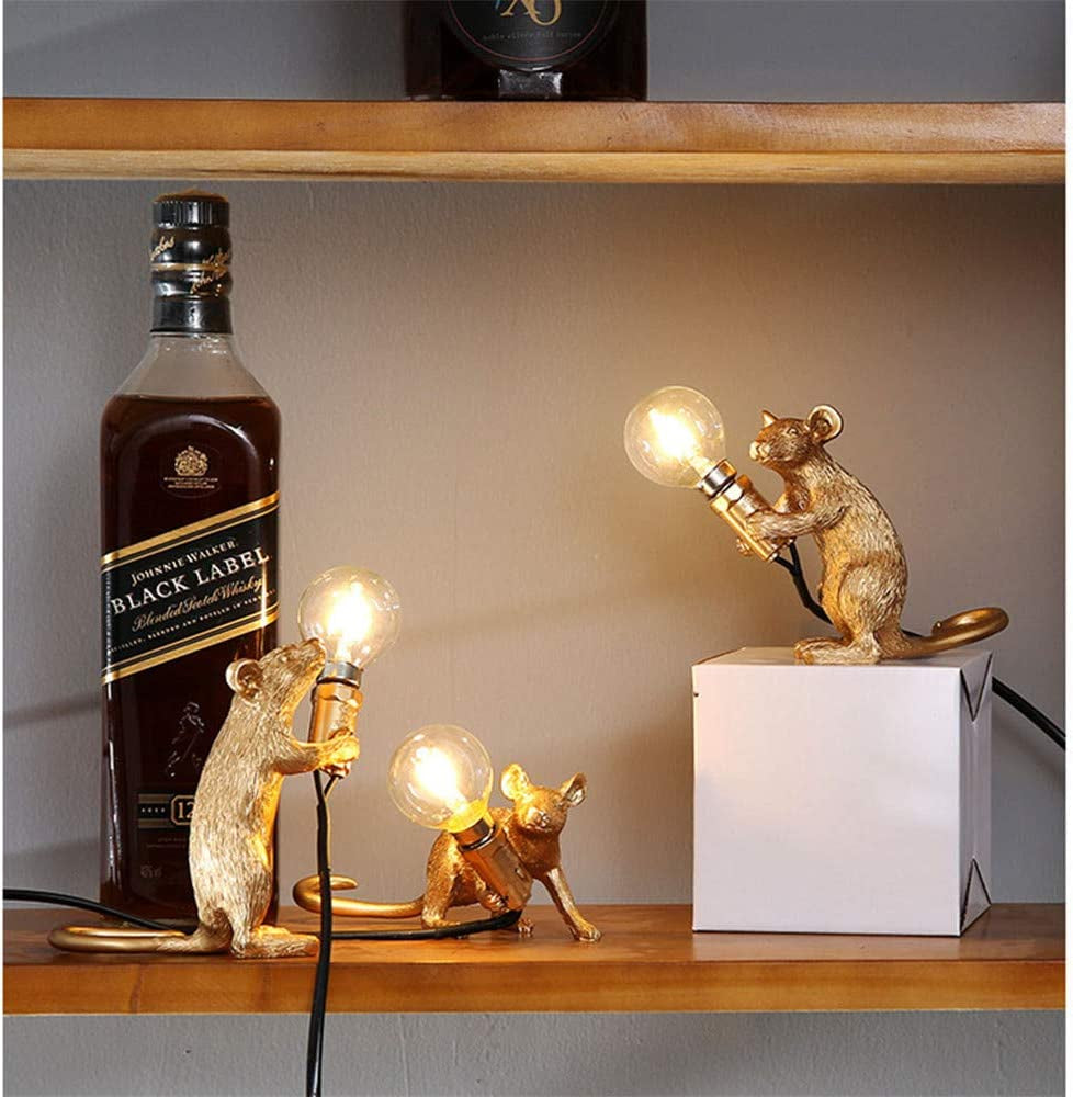 3 Pack Table Lamp Set Mouse Shape Resin Creative Desk Light Bedside Lamp Light Bedside Gift Decoration LED Bedroom,Study Room Home Room Decor (Gold)