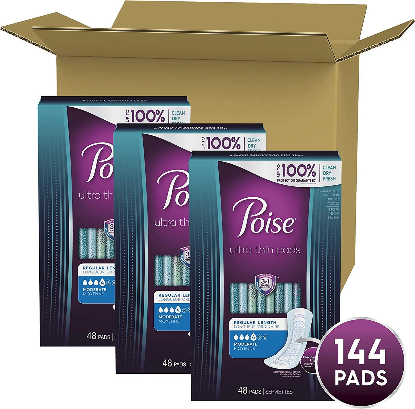 Poise Ultra Thin Incontinence Pads for Women, Moderate Absorbency, Regular Length, 144 Count (3 Packs of 48) (Packaging May Vary)
