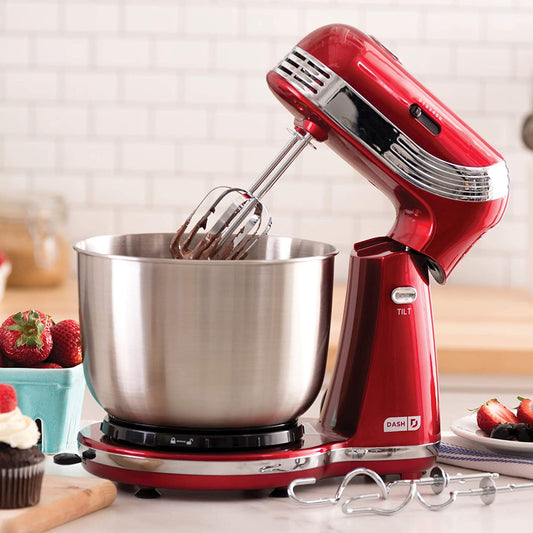 DASH Stand Mixer (Electric Mixer for Everyday Use): 6 Speed Stand Mixer with 3 Qt Stainless Steel Mixing Bowl, Dough Hooks & Mixer Beaters for Frosting, Meringues & More - Red, DCSM250RD