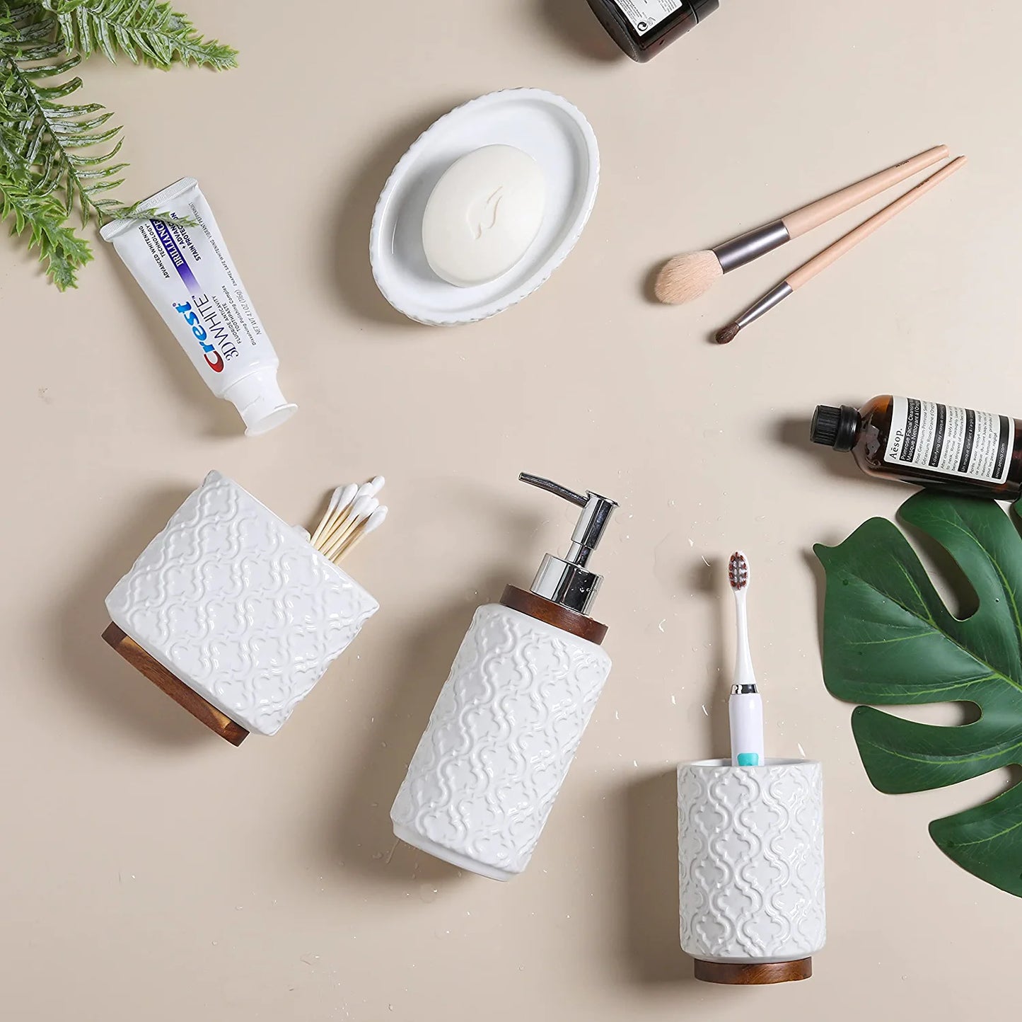 Bathroom Accessories Set 4 Pcs Toothbrush Holder Soap Dispenser Set Ceramic and Wood Bathroom Set Contain Toothbrush Cup Soap Dispenser Soap Dish Tumbler