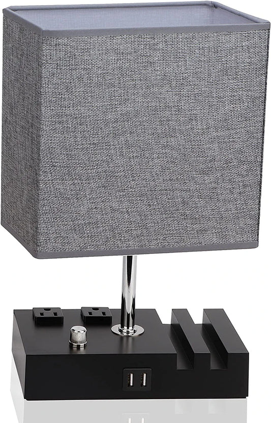 Fully Dimmable Table Lamp for Bedroom Living Room Dual USB Port - Bedside Desk Lamp for Nightstand with Charging Station 2 Power Outlets, Grey Fabric Lampshade LED Bulb Included (Black/Grey)