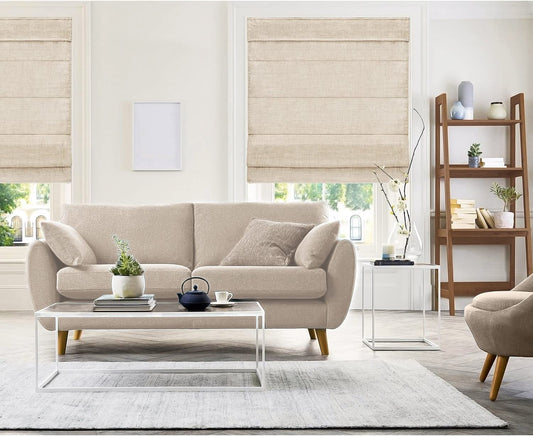 - RMBF2764 Cordless Roman Shades Cross-Hatched Modern Fabric Cascade Window Blind Treatment, 27"W X 64"H, Belgian Flax (Privacy & Light Filtering)