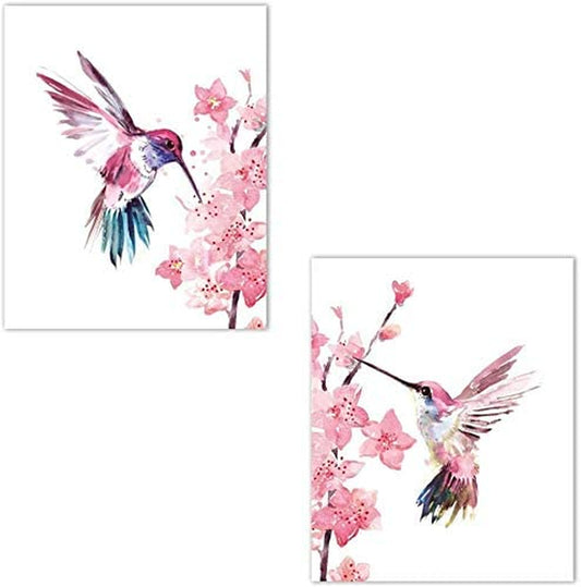 Abstract Birds Art Print,Watercolor Hummingbirds and Flower Decor Canvas Painting,Set of 2 (16"X24"),Cherry Blossom Wall Art Poster for Living Room Bedroom Office Decoration,Unframed.