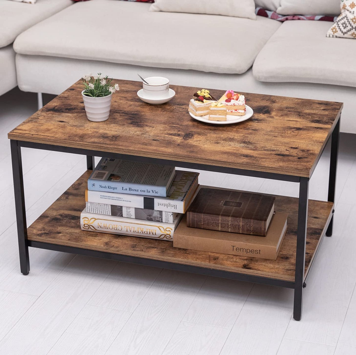 Coffee Table with Metal Frame,2-Tier Tea Table with Storage Shelf,Cocktail Table TV Stand Side End Table, Accent Furniture for Home Office Living Room
