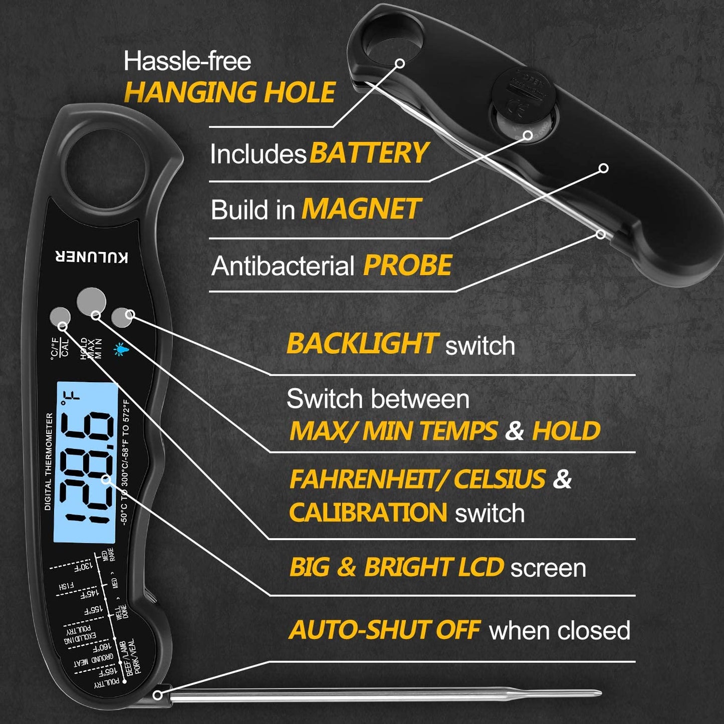 TP-01 Waterproof Digital Instant Read Meat Thermometer with 4.6” Folding Probe Backlight & Calibration Function for Cooking Food Candy, BBQ Grill, Liquids,Beef(Black)