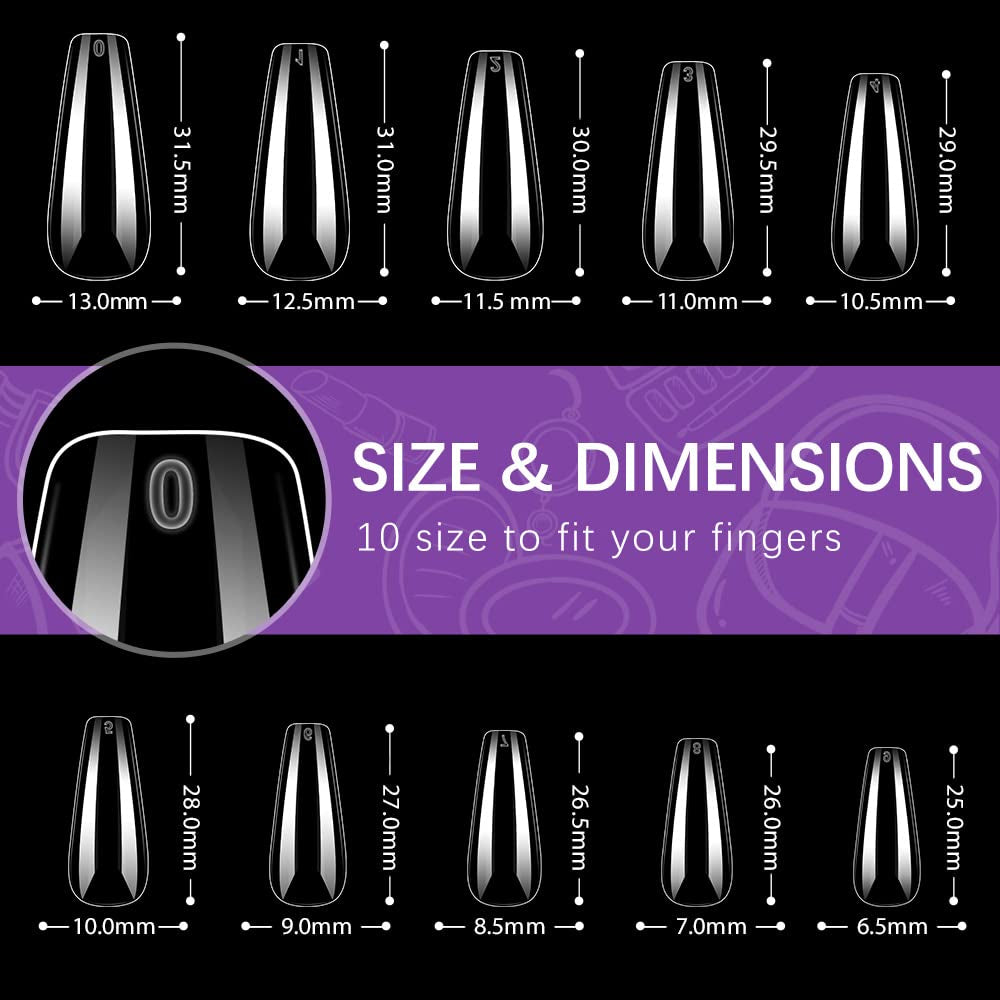 Coffin Nails Long Fake Nails - Clear Acrylic Nails Coffin Shaped Ballerina Nails Tips 500Pcs Full Cover False Nail Artificial Nails with Case for Nail Salons and DIY Nail Art, 10 Sizes
