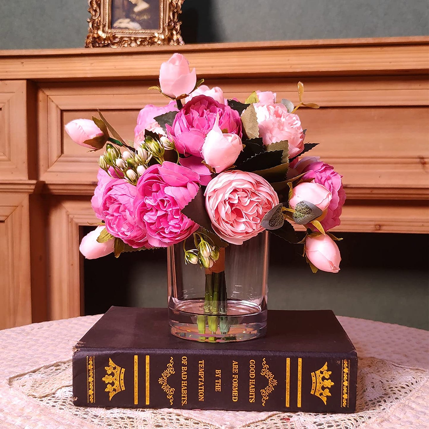 Floral Artificial Flowers Rose Fake Flowers Arrangement in Cube Glass Vase with Faux Water (Pink Pale Pink, 1)