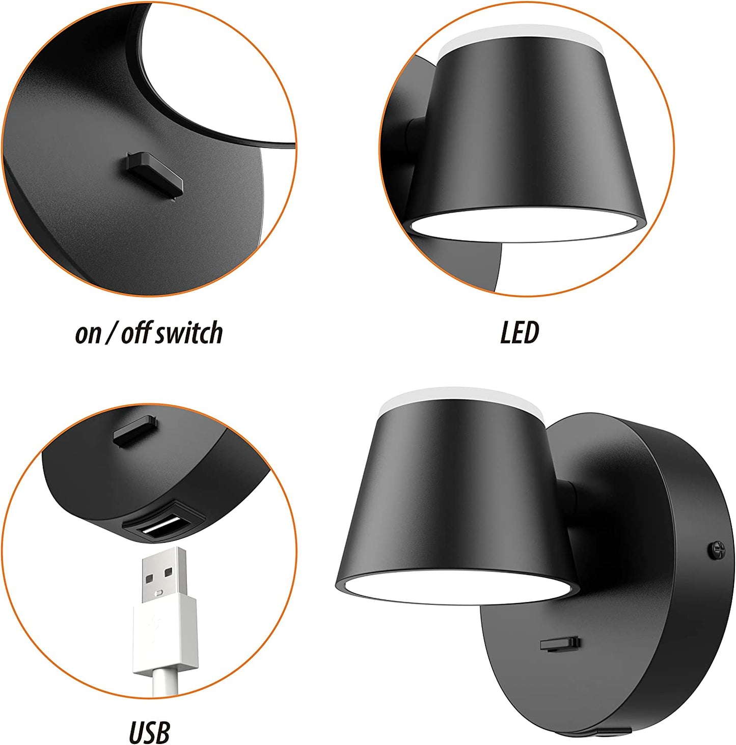 Wall Light LED Wall Sconce with On/Off Switch USB Charging Port 110 Volt Hardwired Wall Lamp 350 Rotatable up down Sconces Wall Lighting (Black)
