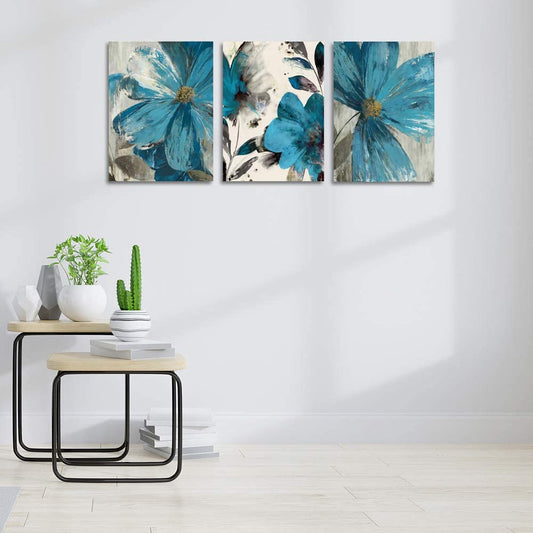 Flowers Poster Prints Wall Art Retro Abstract Floral Canvas Picture Wall Decor Painting Modern Artwork Wall Decoration for Bedroom Living Room Framed 12 X 16 X 3 Pieces, 12 X 16 Inch, Blue