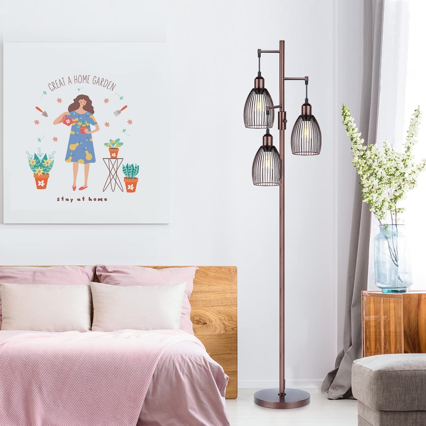 Industrial Floor Lamps for Living Room, Brown Tree Lamp with 6W LED Bulbs for Living Room Office Bederoom
