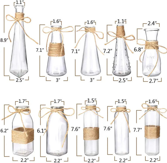 10Pcs Small Bud Glass Vases for Flowers Wedding Decorations, Mini Vintage Glass Flower Vase with Rope Design and Differing Unique Shapes for Flower Table Home Decoration