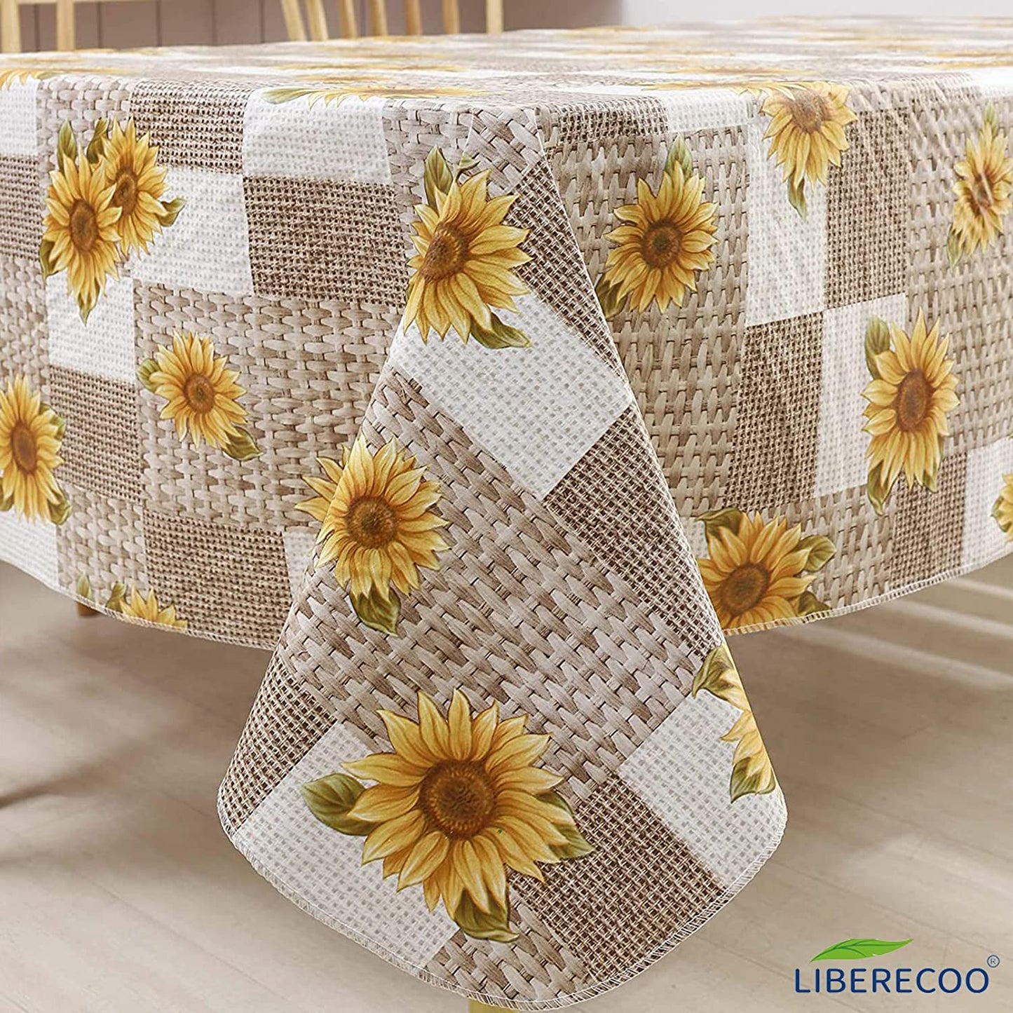 Vinyl Tablecloth Flannel Backed Stain-Resistant PVC Table Cloth Waterproof Oil-Proof Wipeable Indoor/Outdoor Picnic, BBQ and Dining Table Cover(60 X 84 Inch, Sunflower)