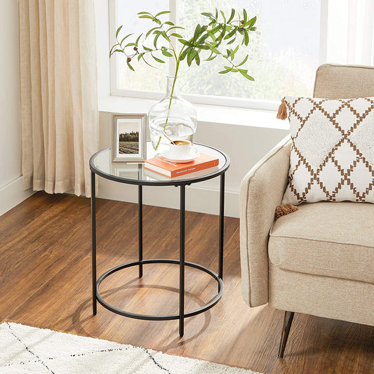 round Side Table, Glass End Table with Metal Frame, Small Coffee Accent Table, Bedside Table, Modern Style, for Living Room, Balcony, Bedroom, Black ULGT020B01