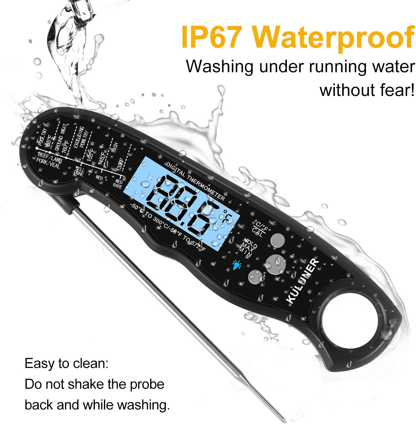 TP-01 Waterproof Digital Instant Read Meat Thermometer with 4.6” Folding Probe Backlight & Calibration Function for Cooking Food Candy, BBQ Grill, Liquids,Beef(Black)