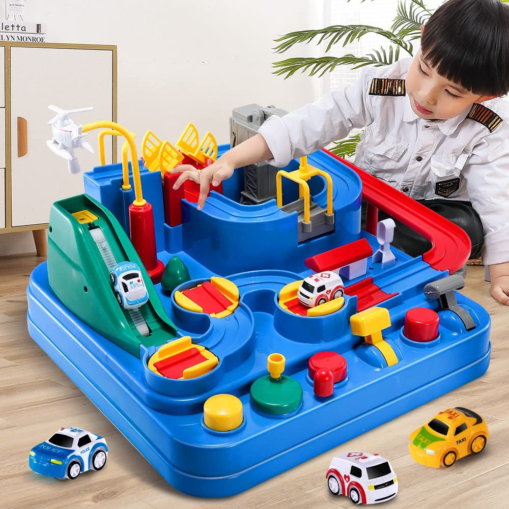 TEMI Kids Race Track Toys for Boy Car Adventure Toy for 3 4 5 6 7 Years Old Boys Girls, Puzzle Rail Car, City Rescue Playsets Magnet Toys W/ 3 Mini Cars, Preschool Educational Car Games Gift Toys