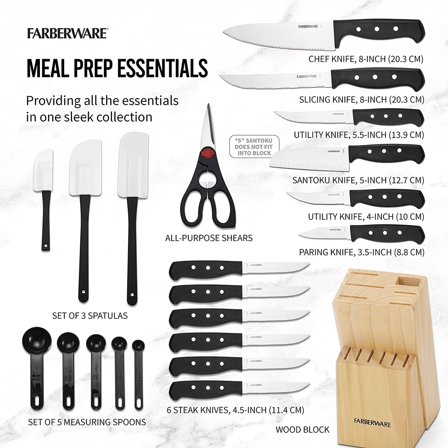 Farberware 22-Piece Never Needs Sharpening Triple Rivet High-Carbon Stainless Steel Knife Block and Kitchen Tool Set, Black