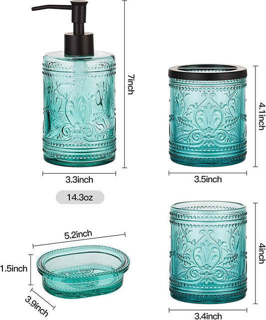 4Pcs Heavy Weight Decent Blue Glass Bathroom Accessories Set with Decorative Pressed Pattern - Includes Hand Soap Dispenser & Tumbler & Soap Dish & Toothbrush Holder (Teal Blue)