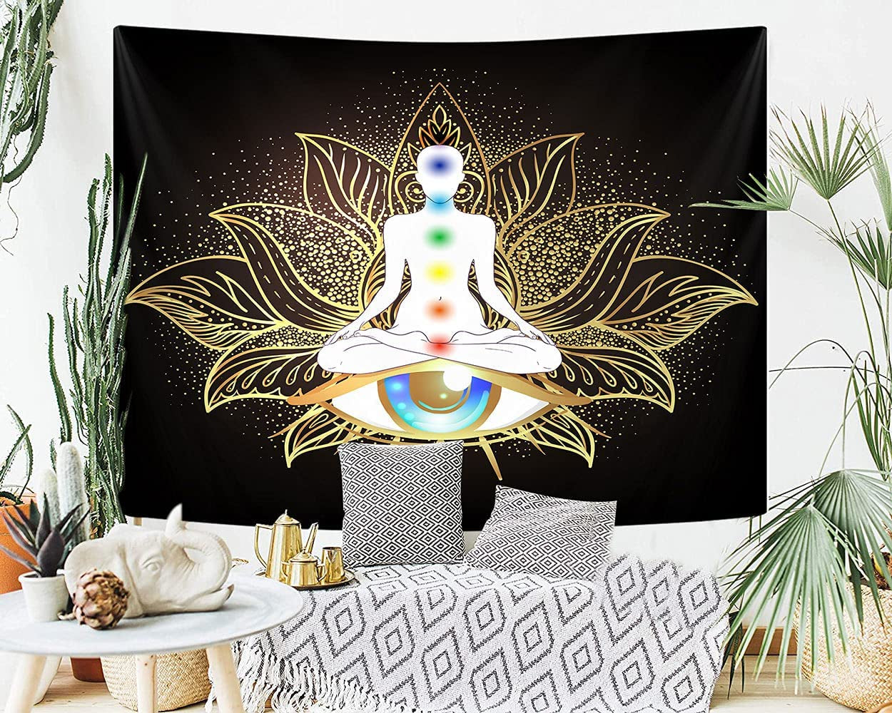 Seven Chakra Yoga Tapestry Wall Hanging,Mandala Eyes Meditation Zen Small Tapestry for Meditation Studio Room, Black Golden Lotus Spiritual Tapestries for Living Room Bedroom Dorm Home 80X60Inch