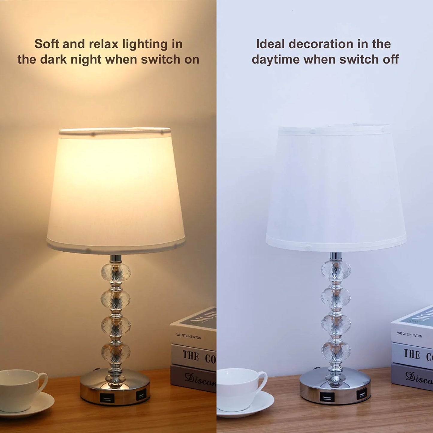 3-Way Dimmable USB Crystal Table Lamp, 17 Inch Touch Crystal Lamp Set of 2 , Exquisite Decorative Bedside Lamps Set of 2 for Bedroom, Living Room, Nightstand (Warm White Light Bulb Included)